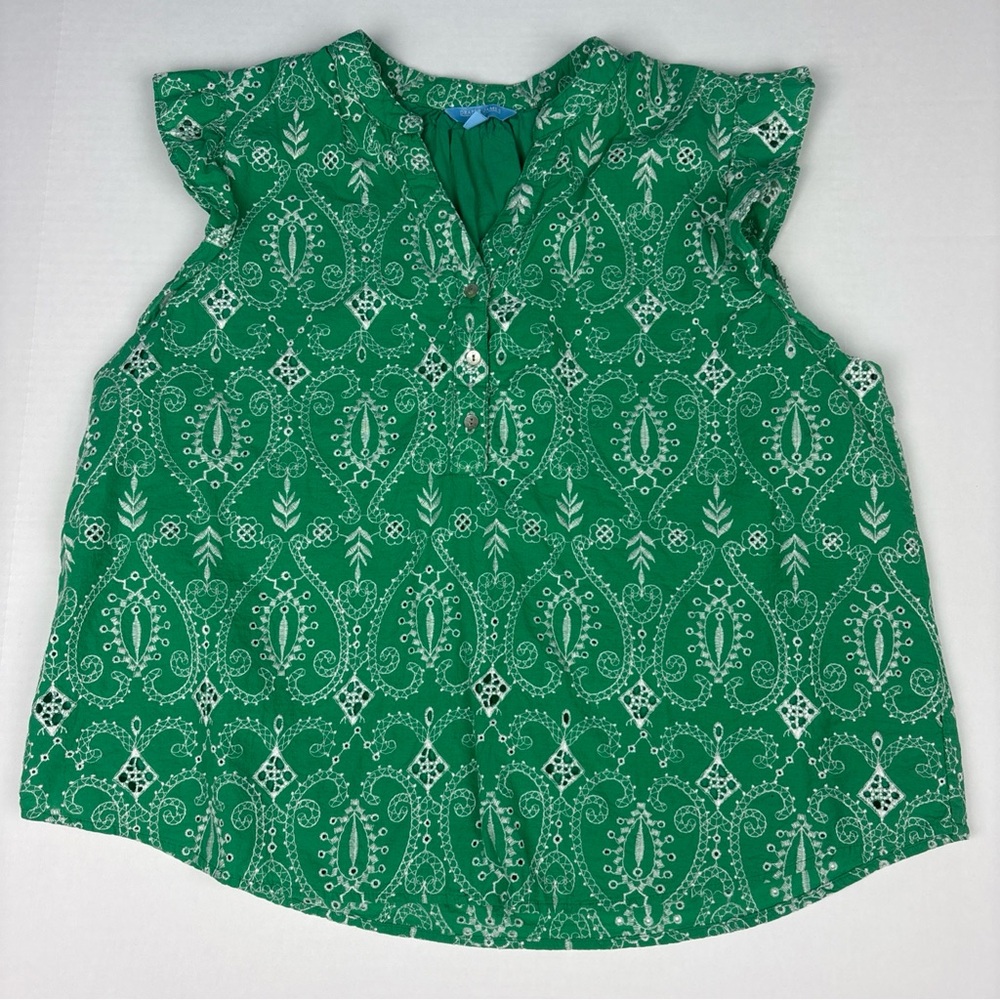 Draper James Women XXL Shirt Green Embroidered Ruffle Detail Cotton Rayon Boho